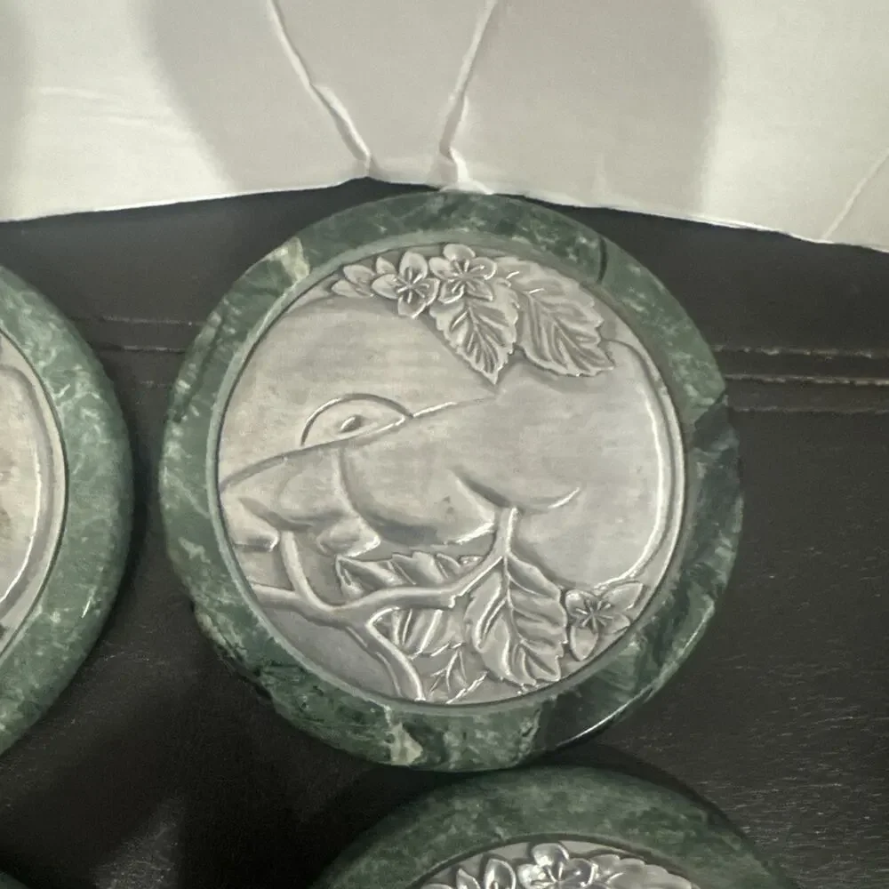 Vintage Green Marble Stone 4 Coaster Set Holder Metal Bird Design Felt Backed
